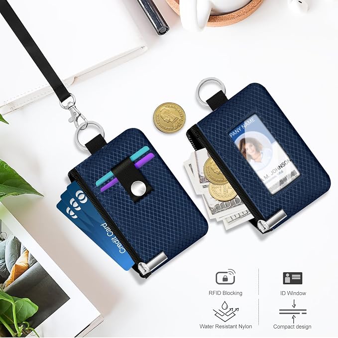 Minimalist RFID Blocking Small Wallet with ID Window,WaterResistant Zip Id Case Wallet with Lanyard Keychain for Cards,Cash,Travel,Women,Men (Dark blue) - Image 8