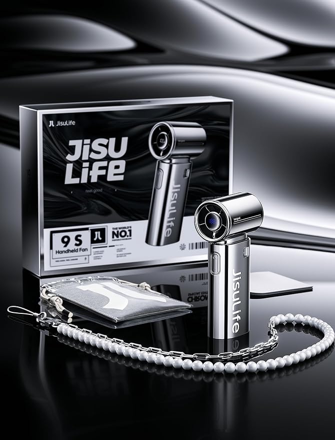 JISULIFE Handheld Fan Life9S - Sleek Chrome: Turbo Power, 22 Hours Cooling | LED Display, 5000mAh, 5-Speeds, Mini Portable Fan for Travel, Cruise, Concerts, Trendy Gifts for Women Men -Chrome - Image 2