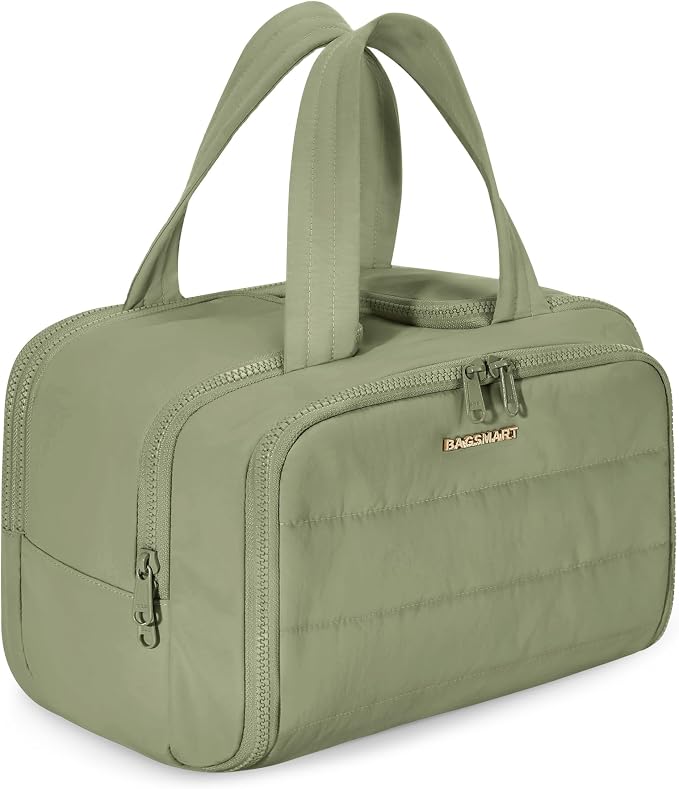 BAGSMART Travel Toiletry Bag, Lightweight Large Wide-open Travel Bag for Women, Puffy Cosmetic Makeup Bag Organizer with Handle for Accessories,Essentials, Toiletries, Green by BAGSMART