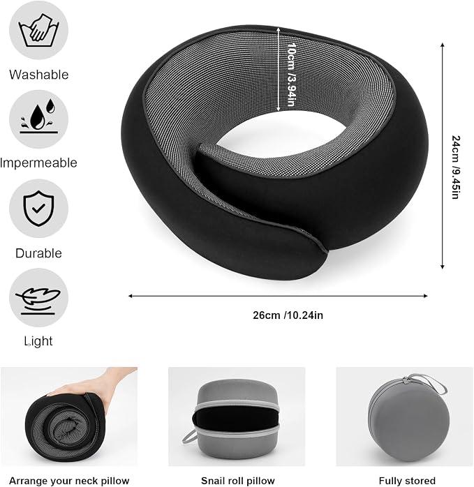 Travel Neck Pillow for Airplane - 100% Memory Foam 360° Ergonomic Support - Adjustable Velcro, Washable Velvet Cover & Compact Storage Case - Flight Essentials for Sleeping (Black) - Image 2
