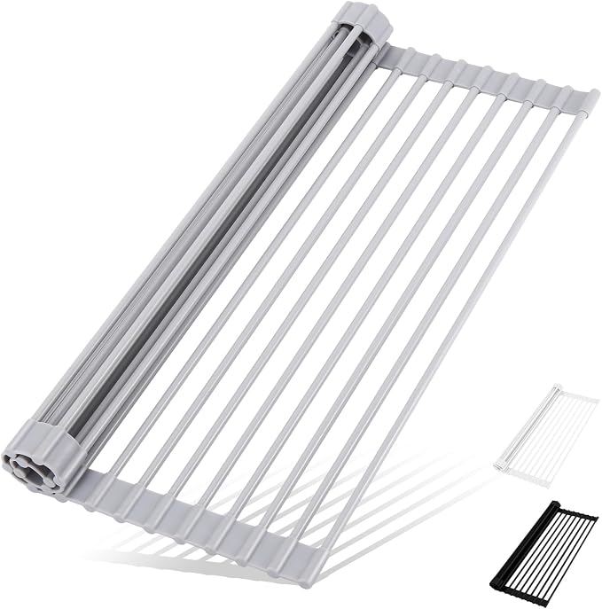 HANZENMA Roll Up Dish Drying Rack Over The Sink Kitchen Roll Up Sink Drying Rack Multipurpose Foldable Sink Drying Mat, Heat-Resistant, Anti-Slip & Anti-Rust Dish Rack for Kitchen, 20.5" x 13", Grey by HANZENMA