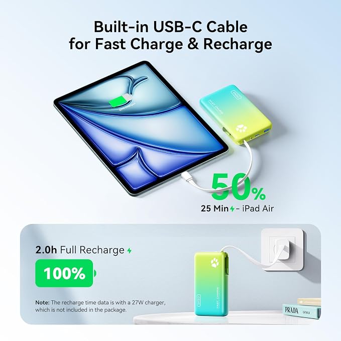 INIU 45W Fast Charging Tablet Portable Charger, Smaller 10000mAh Power Bank | Flight-Safe, Built-in USB C Cable, Flashlight, Battery Phone Pack for Tablet, iPad, iPhone 17 16, Samsung S26 etc, Cyan - Image 4