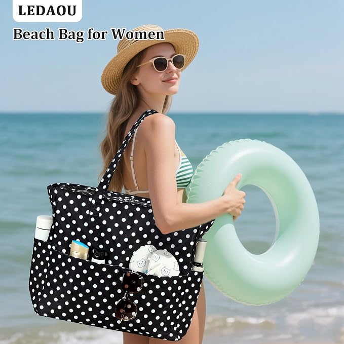 LEDAOU Large Beach Bag for Women, Waterproof Sandproof Tote Bag with Zipper | 36L Pool and Swim bag with Zipper, Wet/Dry pocket and 7 Pockets for Beach Days, Cruises, Vacations and Family travel - Image 2