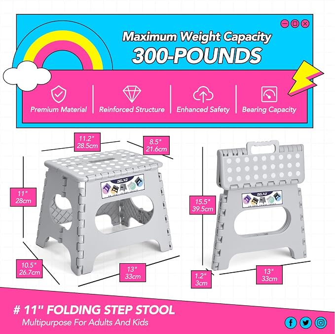 Delxo Folding Step Stool 11 Inch,300 Lbs Step Stool for Kids & Adults Grey | Foldable Step Stool 11",Non-Slip Foot Stools with Handle,Lightweight Collapsible stools for Kitchen,Bathroom,Bedroom,Garden - Image 2