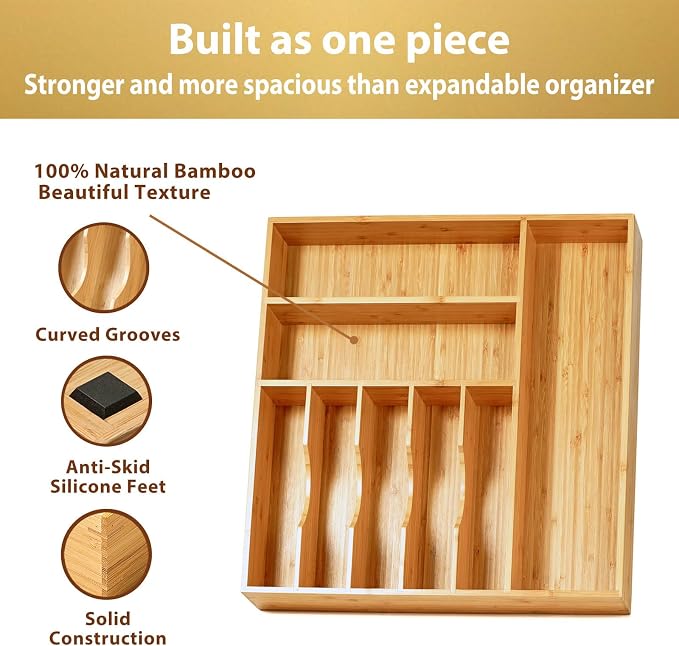 Large Kitchen Drawer Organizer, 19"x19" Silverware Utensils Organizer, 2.5" High for Large Deep Drawers, Bamboo Flatware Holder with Thick Frames, Sturdy Kitchen Organization Tray - Image 2