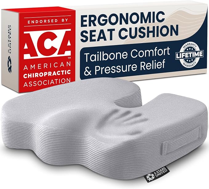5 STARS UNITED Seat Cushion - Memory Foam Chair Cushion for Tailbone Pain Relief - Ergonomic Support for Coccyx, Sciatica & Butt - Office, Desk & Gaming Chair, Car Seat, Wheelchair, Airplane, L Gray by 5STARSUNITED