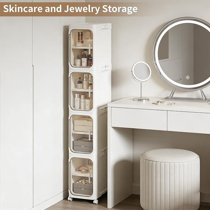 Narrow Storage Cabinet,2-Tier Slim Bathroom Organizer with Wheels,Beige | Turns Unused Narrow Spaces into Organized Storage Slim Outside Spacious Inside Rolls Smoothly Locks Securely Snap Assembly - Image 8