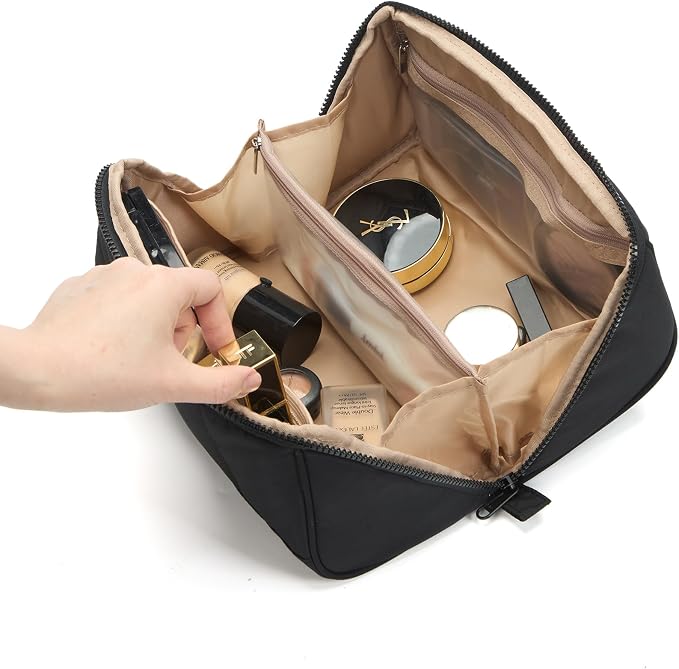 NISHEL Travel Makeup Bag for women, Organizer Pouch Cosmetic Case | Open-flat design keeps cosmetics, brushes, and beauty tools organized for travel and daily routines, Large, Black - Image 2