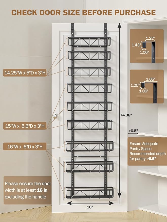 Delamu Adjustable Over the Door Pantry Organizer, 9-Tier Metal Pantry Organization and Storage for Kitchen, Hanging Spice Rack Seasoning Shelves, Cabinet Door Organizer for Easy Install, 16" Black - Image 2