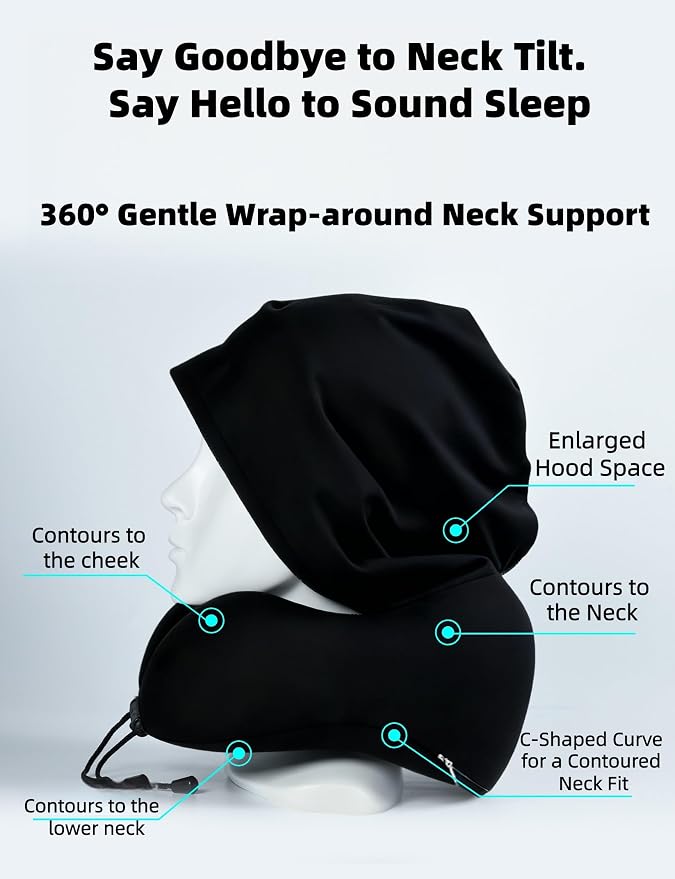 Travel Neck Pillow with Extra Large Hood Rollable Airplane Hooded Neck Pillow with Memory Foam Filling and Removable, Skin-Friendly Cover with Carrying Case & Pouch (Velvet) - Image 4
