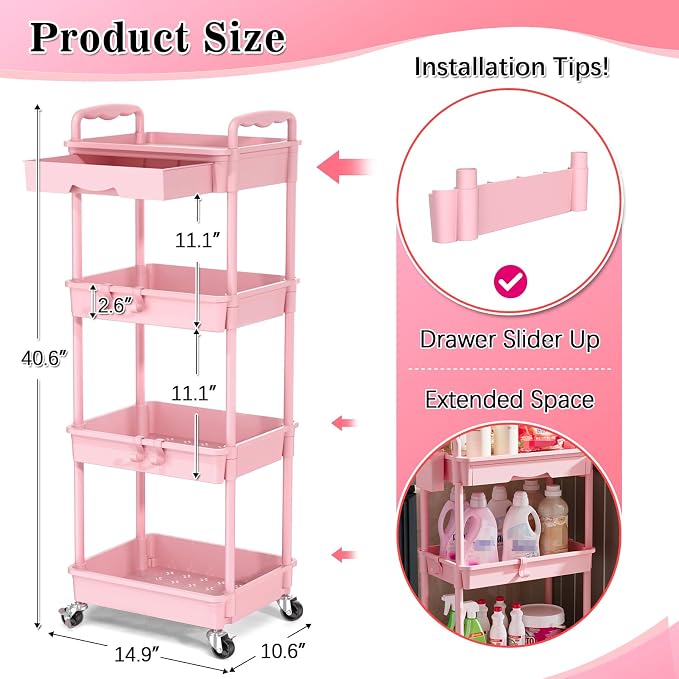 SUNALLY 4 Tier Rolling Cart with Drawer, Craft Storage Cart Organizer, Pink | Bathroom Storage Organizer with 2 Lockable Wheels, Rolling Utility Cart for Kitchen, Office, Baby, Makeup, Nail,Snack,Laundry - Image 2