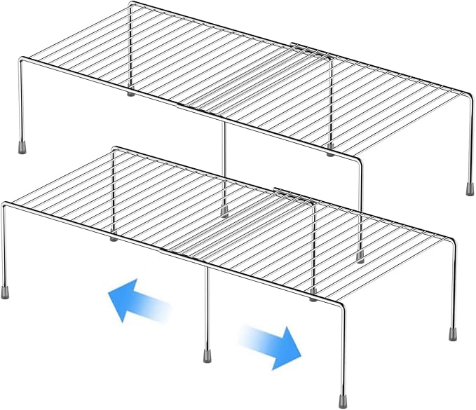 Kitchen Cabinet Expandable Shelf Organizers Set of 2, Adjustable Metal Wire Pantry Storage Shelves, Plate Dish Organizer Rack for Cabinets, Cupboard, Counter, Freezer, Countertop, Chrome by GEDLIRE