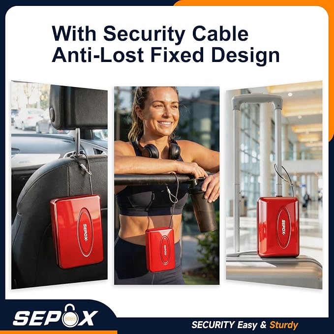 SEPOX® 2PK Portable Steel Safe Box 3-Ft Cable Keyless 3-Digit Combo Red Set | For Dorm Car Office 2 Red Portable Safe Boxes Keyless 3-Digit Lock Steel Shell 3-Ft Steel Cable Secures Cash Cards Valuables - Image 7