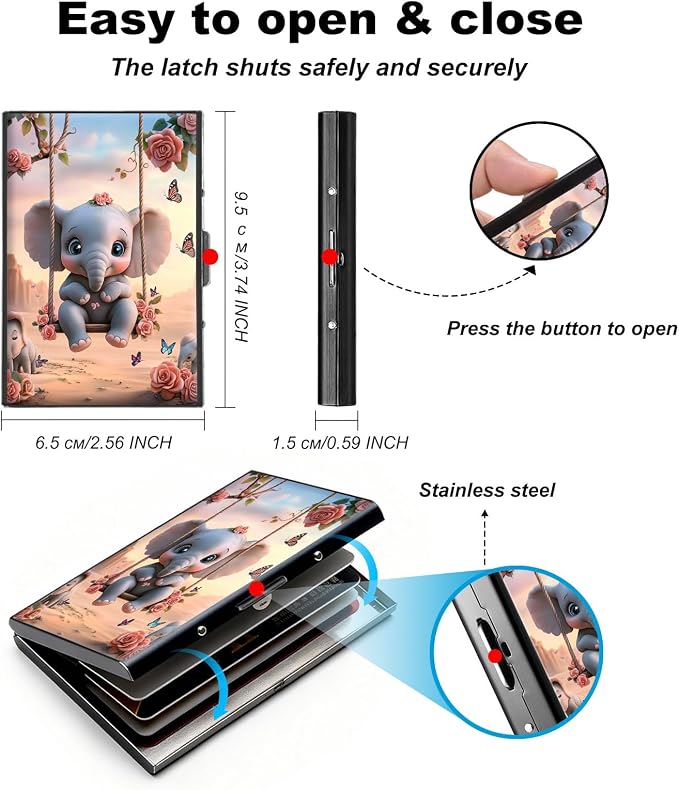 Metal Wallet,Credit Card Holder for Women,Slim RFID Blocking Credit Card Holder Thin Aluminum Wallet ID Case,6 Slot Business Mini Hard Metal Case for Women/Men,Cute Elephant Swing - Image 5