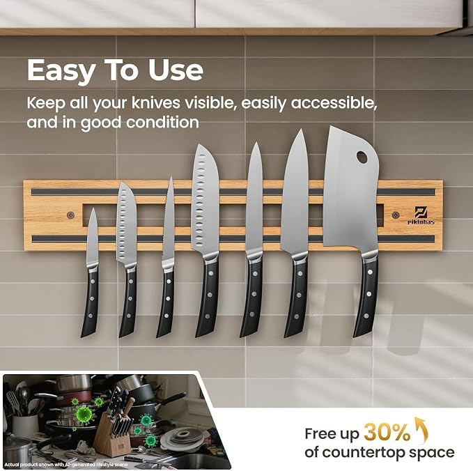Magnetic Knife Holder for Wall, 16.5 Inch Knife Magnetic Strip | Rubber Wood Knife Block, Kitchen Utensil Holder, Magnetic Tool Holder, Double Magnetic Strips, 4 Hooks Included, Ideal Gift - Image 3