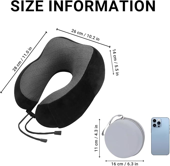 Travel Neck Pillow, 100% Memory Foam, U-Shaped with Storage Box, Black | 100% memory foam with 360-degree support & adjustable buckle. Compact storage box. Machine washable cover. Fits all necks. - Image 6