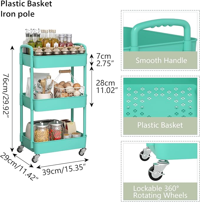 Sywhitta 3-Tier Plastic Rolling Utility Cart with Wheels for Storage, Green | Multi-Functional Storage Trolley, for Office, Living Room, Kitchen, Bathroom,Movable Organizer,Space-Saving,Easy to assemble - Image 2