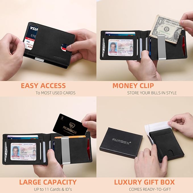 RUNBOX Slim Wallet for Men - RFID Blocking Leather Bifold with Money Clip | Minimalist Front Pocket Wallet Holds 11 Cards,Slim Thin Design,RFID Blocking Protection, Practical Birthday Gifts for Men - Image 2