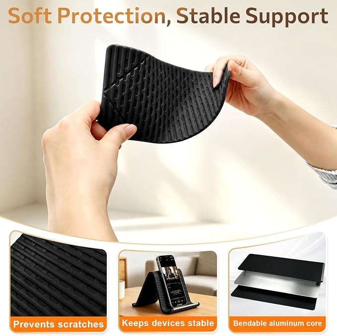 Flexible Silicone Phone Stand with Aluminum Core, Foldable Silicone Phone Holder for Cell Phones, Tablets & Small Devices, Adjustable Desktop & Airplane Phone Holder for Travel, Office & Home (Black) - Image 5