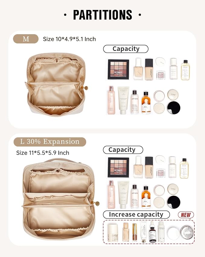 EACHY Travel Makeup Bag for Women, PU Leather Cosmetic Bag, White, Large | Water-resistant PU leather exterior with flat-open access, clear TPU brush compartment and organized storage for cosmetics - Image 3