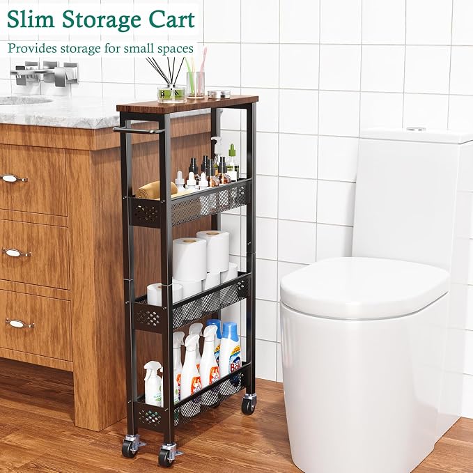 XYZLVSI Utility Slim Storage Cart on Wheels, 4 Tier Laundry Room Organizers | 5" W narrow shelf for small spaces, skinny rolling cart with wooden top and metal handle for kitchen/bathroom/Office/Dorm - Image 4
