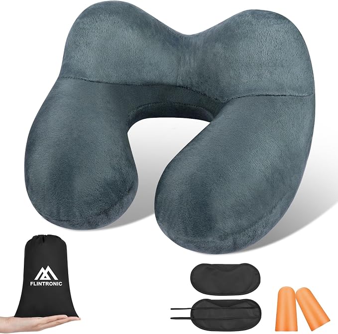 flintronic Inflatable Travel Pillow, Inflatable Travel Pillow for Airplane, Soft Velvet Neck Support, Lightweight Ergonomic Sleeping Neck Pillow for Airplane, Car, Train, Office, Camping (Grey) - Image 8