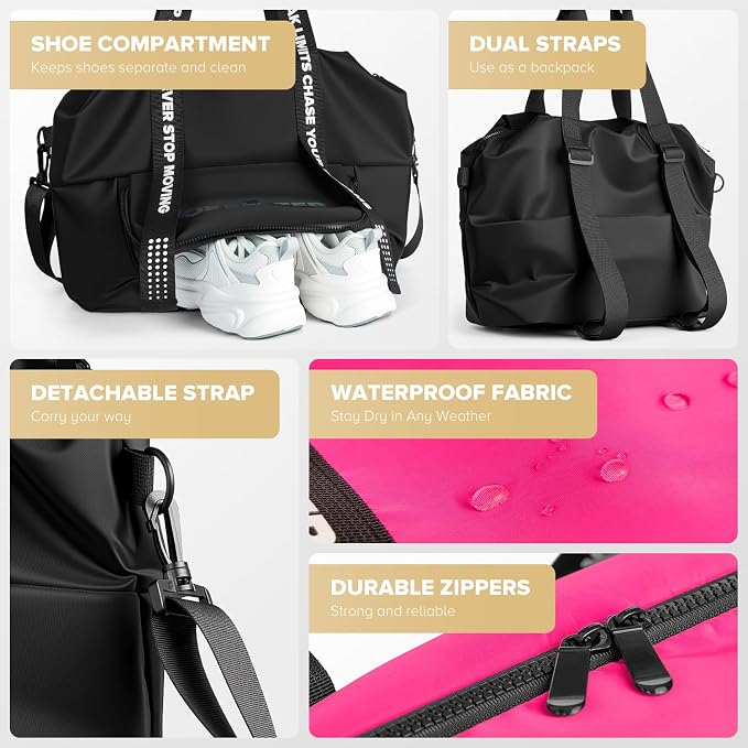 Sport Gym Bag for Women, Carry on Tote Personal Item Bag with Shoes Compartment, Travel Duffle Bag for Girl, Lightweight Overnight Luggage Bag for Travel, Airplanes, Sports - Hot Pink - Image 5