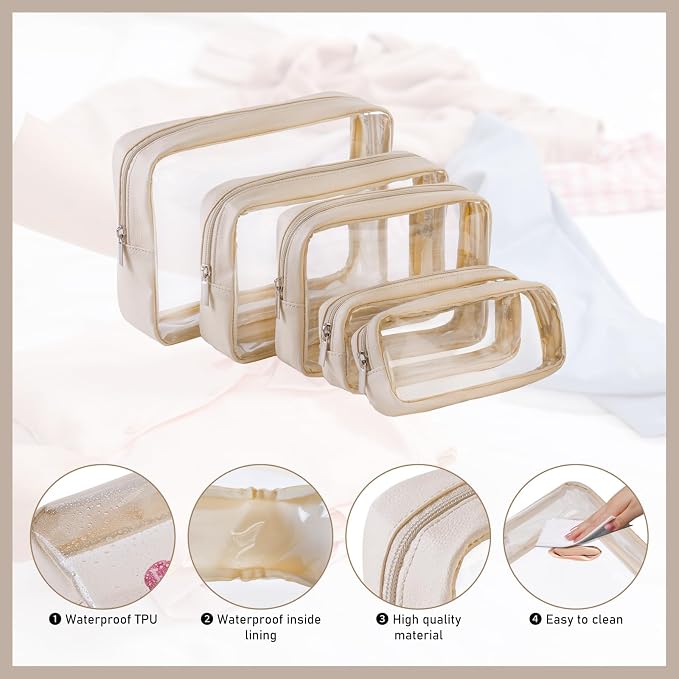 Remobia Hicol TSA Approved 5-Piece Diaper Bag Organizer Pouch Set Clear Waterproof TPU Kids Toiletry Storage Set Travel Packing Clutch Cube Bags for Baby Nursing(Cream leather) - Image 4