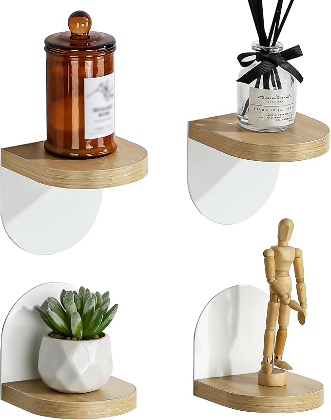 SAYAYO Small Floating Shelves for Wall Storage, 4 x 4 Inch Adhesive Shelves | Mini Shelf for Bedroom Decor, Display Wood Shelf Organizer with White Base for Living Room, Office, Balcony, 4 PCS by SAYAYO