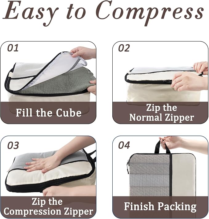 U+U 6 Set Compression Packing Cubes, Travel Organizers (Cream) | Space-Saving & Drawstring Bag Included - Image 6