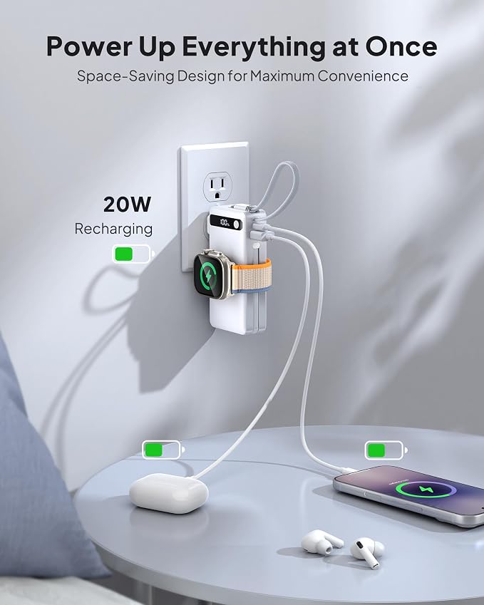 10000mAh 22.5W Power Bank Portable Charger with Built-in Cables & Wall Plug | 5 in 1 Compact USB C Fast Charging Travel Essentials Battery Pack for iPhone 17/16/15/14/12/11 Apple Watch Ultra/11/10/9/8/SE - Image 4