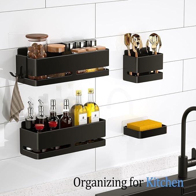 Bathroom Shower Caddy,No Drill Shower Shelves(5-piece Set-Black) | Wall-mounted shelf with soap dish and toothbrush holder, ideal for bathroom storage and also suitable for kitchen - Image 4
