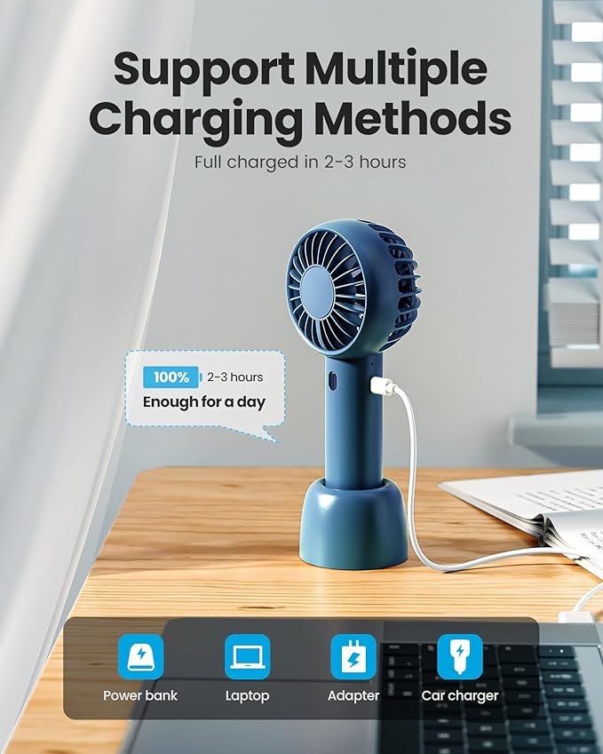 Gaiatop Mini Portable Fan, Navy Blue, Cute Design, Powerful Wind, Handheld and Desktop, Rechargeable Battery | Powerful 3 Speed with Desktop Base, Lightweight, Battery Powered for Travel Lash Makeup Girls Women Gift Navy Blue - Image 6