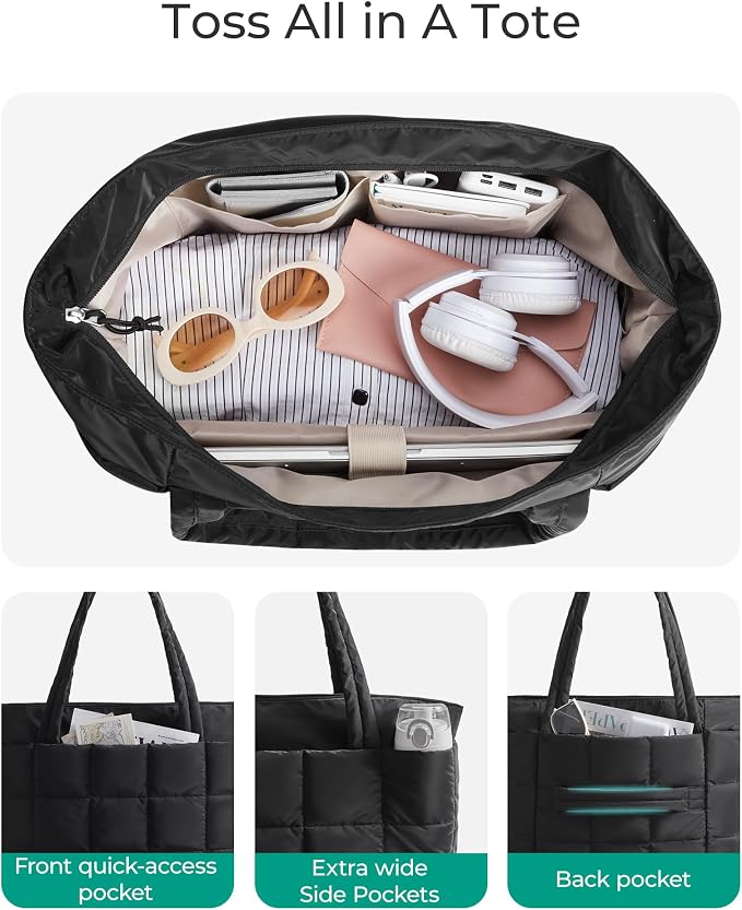 BAGSMART Expandable Tote Bag for Women, Puffer Work Tote Travel Bag | Quilted Carry On Bag for Travel Work Gym College, Waterproof Travel essentials - Image 3