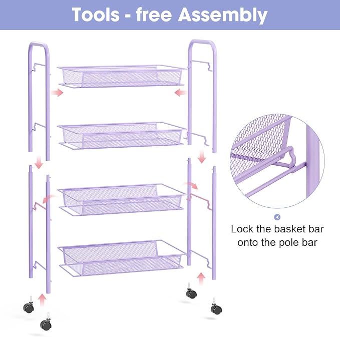 TOOLF 4 Tier Rolling Cart, Metal Utility Storage Cart with Wheels, Purple | 3 Hooks, Screwless Assembly, Trolley Organizer for Bathroom, Kitchen, Office, Nursery, Dorm, Laundry Room - Image 5