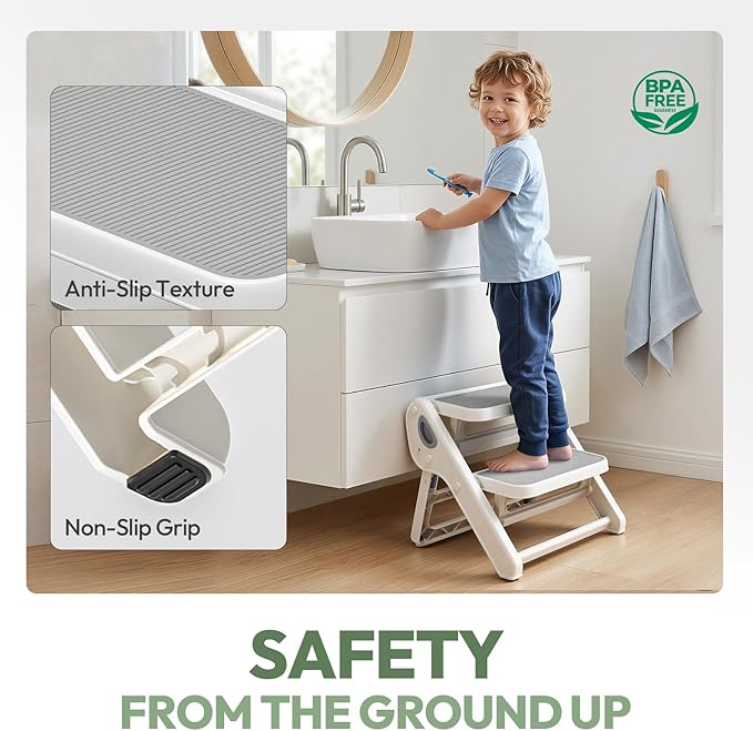 Foldable Toddler Step Stool for Bathroom Sink, Toilet, Bedroom, Kitchen – Non-Slip, Space-Saving, BPA-Free, Supports 110 lbs, Kids Step Stool (Grey) - Image 2