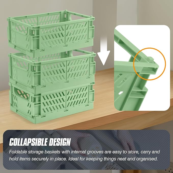 4 Pcs Collapsible Storage Crates, 10x5.9x4 inches Space-Saving Folding Containers, Stackable Plastic Boxes for Home Kitchen Office Bedroom Bathroom, Green - Image 5