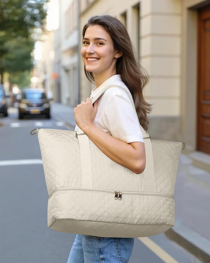 HOTOR Travel Duffel Bag - Weekender Bags for Women, Carry On Gym Tote Bags | with Toiletry Bag & Shoe Compartment, Overnight Bag for Travel Essentials and Travel Accessories, Beige, 15.8"×18.1"×8.7" - Image 5
