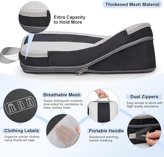 OlarHike 6 Set Compression Packing Cubes for Travel Essentials,Compressible Expandable Space Saver Bags for Organizing Clothes,Luggage Suitcase Garment Bags with Over 1000 pcs Mesh Holes(Black) - Image 6