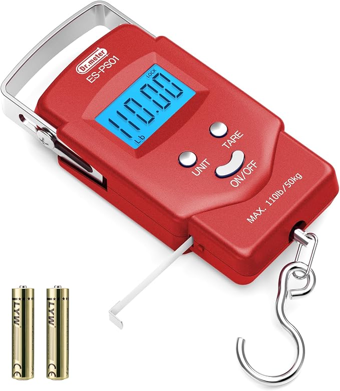Dr.meter Fish Scale, 110 lb Digital Luggage Scale with Tape | 110 lb Capacity, Backlit LCD, Built-In Tape, Includes 2 AAA Batteries, Compact Pocket Size by Drmeter