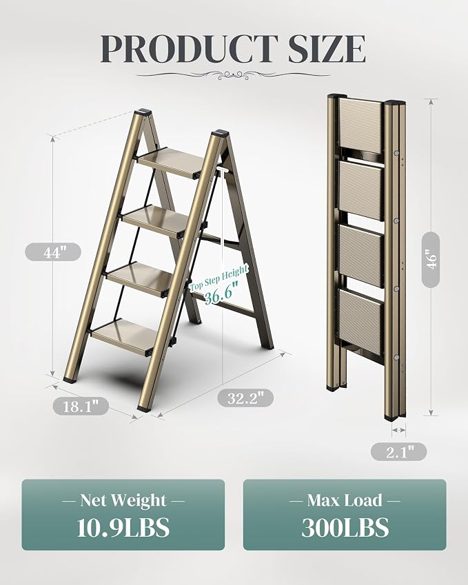4 Step Ladder, Foldable Aluminum Step Stool with Anti-Slip Pedal | Lightweight yet Sturdy, Portable, Non Slip Feet, 300Lbs Capacity, Elegant Look, for Kitchen, Closet, Pantry, Champagne Gold - Image 7