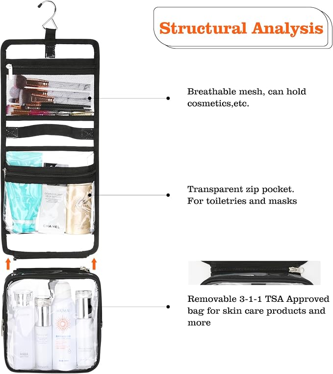 Clear Toiletry Bag with TSA Liquids Travel Bag, Hanging Travel Transparent Makeup Cosmetic Organizer, Waterproof Carry On Airline 3-1-1 Compliant Bag Quart Sized Luggage Pouch (Black-Clear) - Image 3