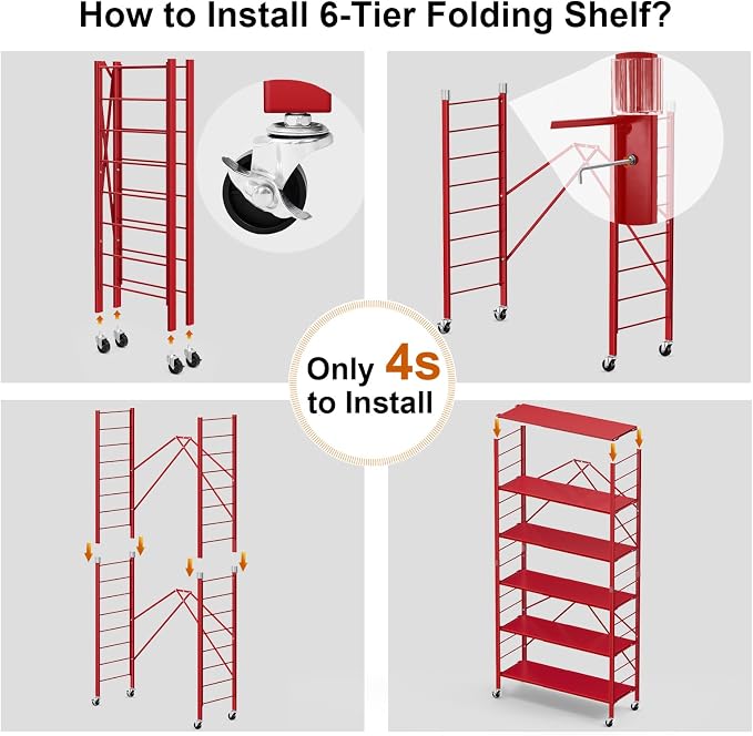 Himix 6-Tier Expandable Storage Shelves Wheels Foldable Shelf Garage Red | Folding shelving units, Metal collapsible organization, Changeable into 2 shelf units, Adjustable, Basement, Holds 3600 Ibs - Image 5