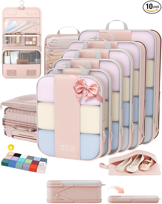 10 Set Compression Packing Cubes for Travel Gifts Mom Women,OlarHike Luggage Clothes Garment Bags for Travelers,Airplane/Cruise/Car Travel Essentials,Compressible Expandable Saver Space Bags(Beige) by OlarHike