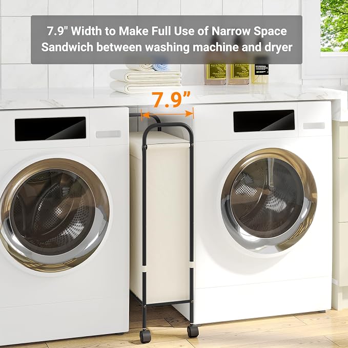 ELYKEN Slim Laundry Hamper with Lid & Wheels, 50L Rolling Laundry Basket | 7.9" Narrow Design, 50L, Removable Liner Bag, Lockable Wheels, Space Saving Clothes Hamper for Bathroom, Bedroom, Closet - Image 2