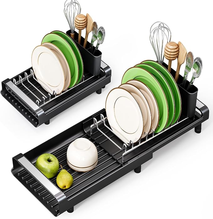 TOOLF Small Dish Drying Rack, Expandable and Space-Saving, Matte Black | Mini Dish racks for kitchen counter, Compact Design Fits Sink or Counter, Stainless Steel Plate Rack, 11"-19.3"L×7.7"W×3.54"H by TOOLF