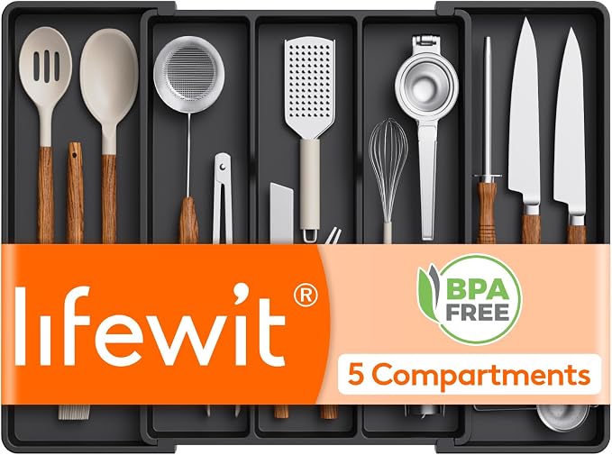 Lifewit Utensil Organizer for Kitchen Drawers, Expandable Utensil Tray | Adjustable Cooking Cutlery Silverware Flatware Holder, Plastic Spatula Tools Storage Divider, 16- 28 x 18.5", Black by Lifewit