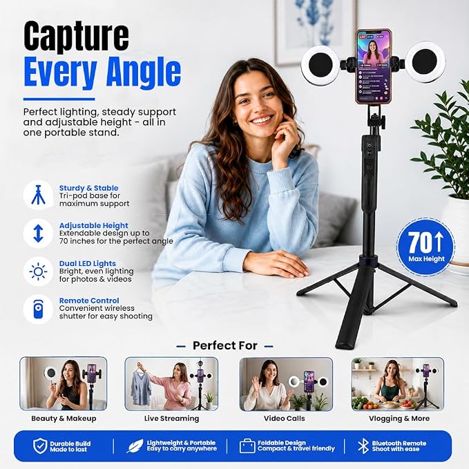 70" Auto Face Tracking Tripod for iPhone with Light, 360° Rotating Selfie Stick for Android with Remote & Gesture Control, Phone Holder Video Recording for Content Creators, TIKTok & Live Streaming - Image 5