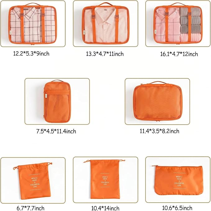 LANSKLBD 6/8 Set Packing Cubes for Suitcases Travel Luggage Packing Organizers,Travel Accessories Essentials Luggage Organizer with Shoe/Tioletry/Laundry Bag (Orange, 8 set) - Image 7