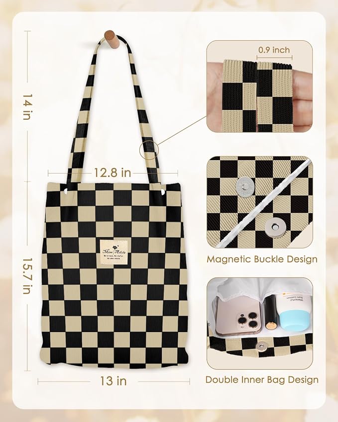 Miss Adola Designer Corduroy Tote Bag for Women | 3 Magnetic Buckles, Aesthetic Pattern, Reusable, Soft, Roomy Carry for Work, Travel, Grocery Runs - Image 5